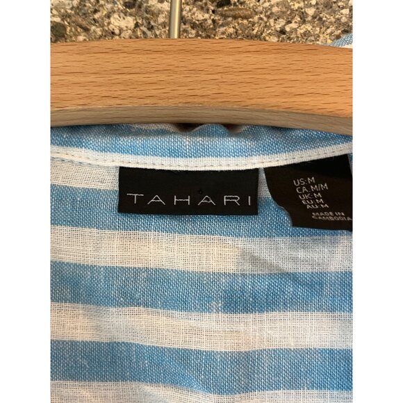 Tahari Womens Blue & White Striped Button-Up Tunic Shirt Medium Linen Blend Roll - Picture 3 of 7